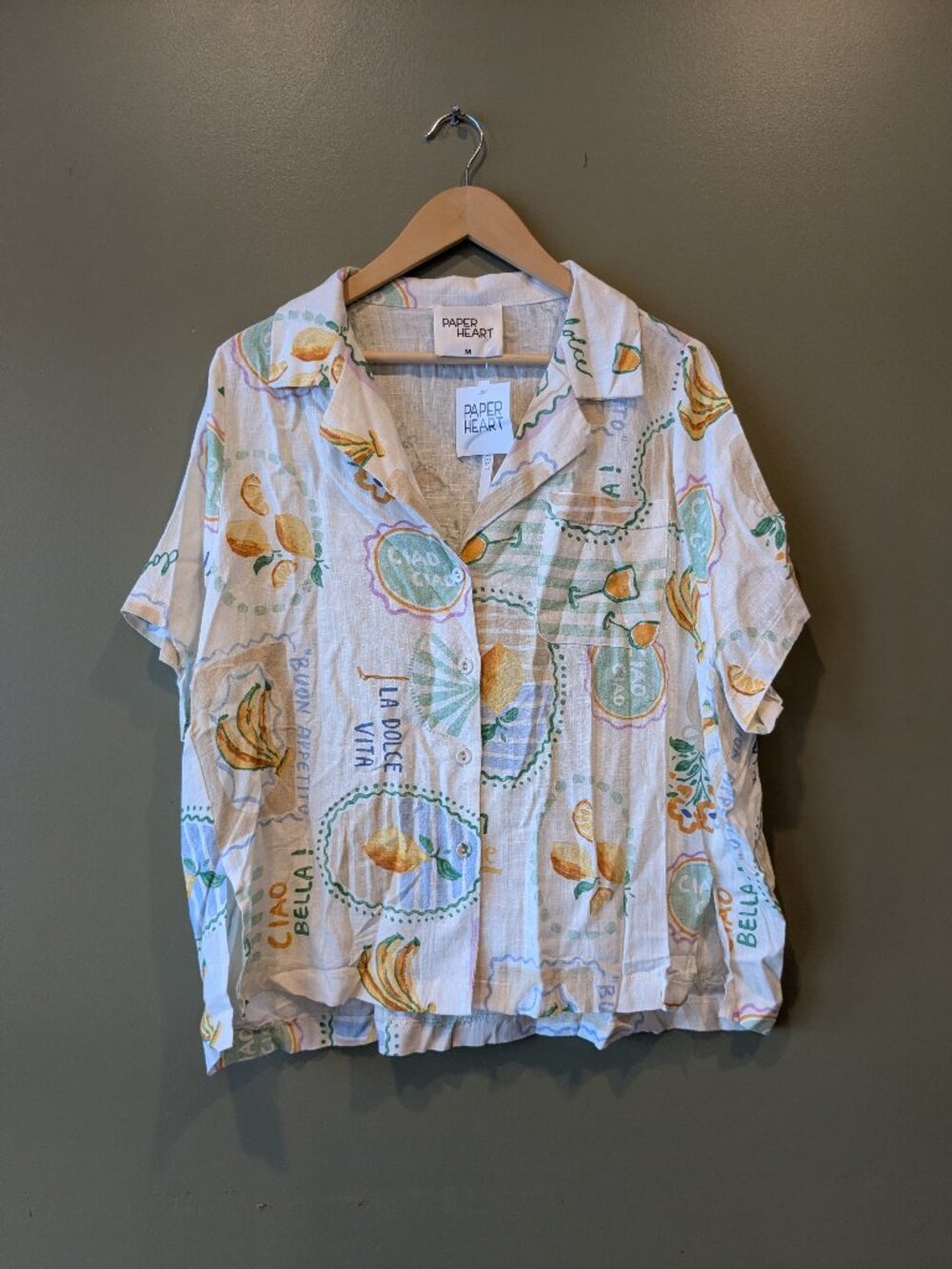 New Paper Heart Linen Camp Shirt Citrus Lemon Med Button Down Boxy Relax Travel